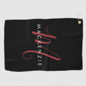 Serviette De Golf Monogramme élégant moderne noir rouge script (Horizontal)