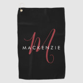 Serviette De Golf Monogramme élégant moderne noir rouge script (Devant)