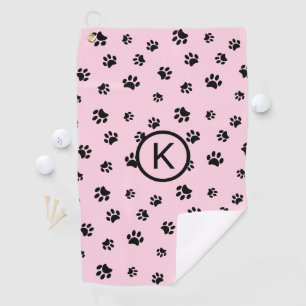 Serviette De Golf Monogramme Empreintes de Patte Noires sur Fond Ros