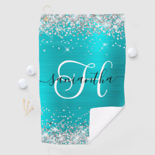 Serviette De Golf Monogramme en argent et bleu turquoise