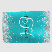 Serviette De Golf Monogramme en argent et bleu turquoise (Horizontal)