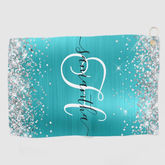 Serviette De Golf Monogramme en argent et bleu turquoise (Horizontal)