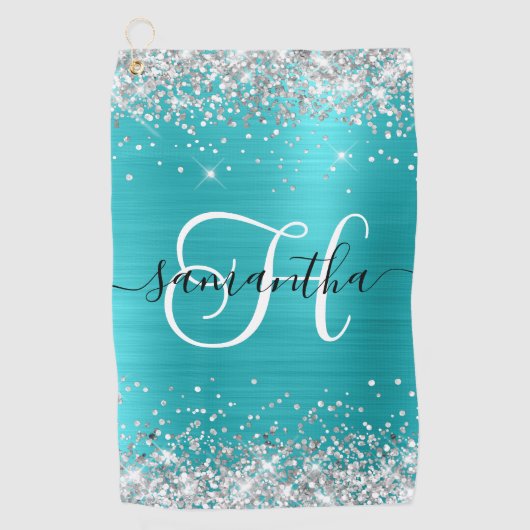 Serviette De Golf Monogramme en argent et bleu turquoise (Devant)