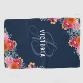 Serviette De Golf Monogramme et nom de la marine florale orange roug (Horizontal)