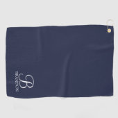 Serviette De Golf Monogramme et nom de script personnalisé bleu mari (Horizontal)