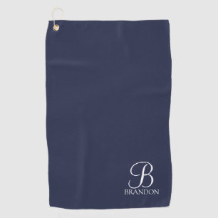 Serviette De Golf Monogramme et nom de script personnalisé bleu mari