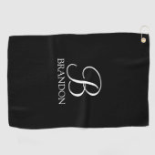Serviette De Golf Monogramme et nom de script personnalisé noir (Horizontal)