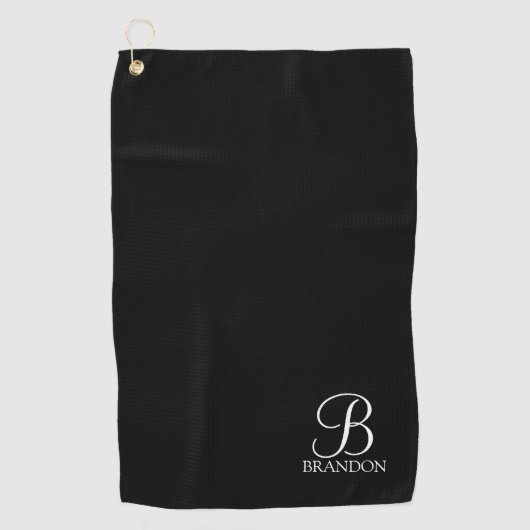 Serviette De Golf Monogramme et nom de script personnalisé noir (Devant)
