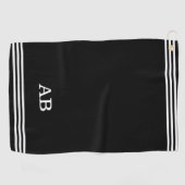Serviette De Golf Monogramme et trois bandes sur noir (Horizontal)