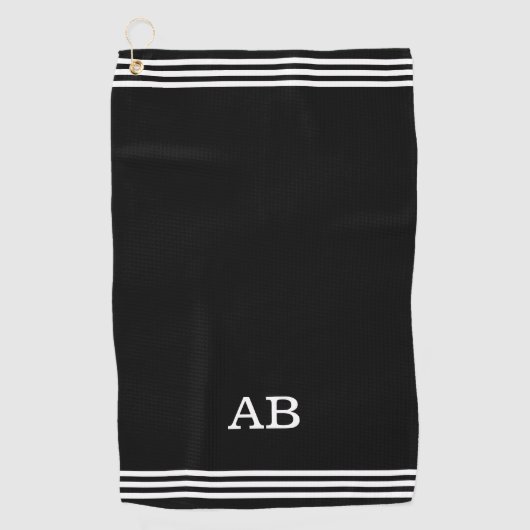 Serviette De Golf Monogramme et trois bandes sur noir (Devant)