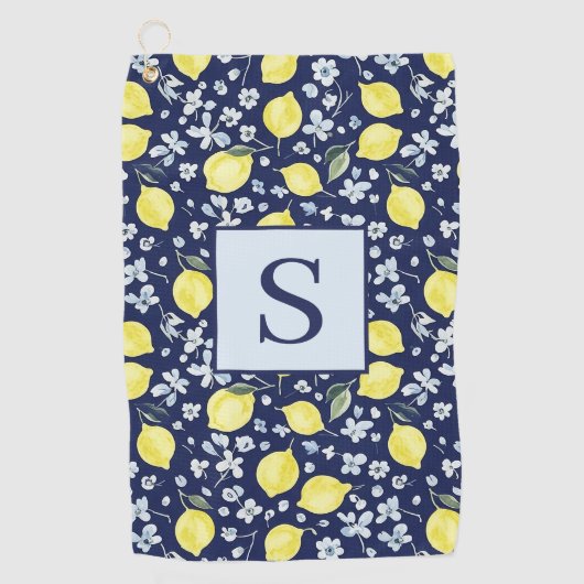 Serviette De Golf Monogramme floral citron bleu (Devant)