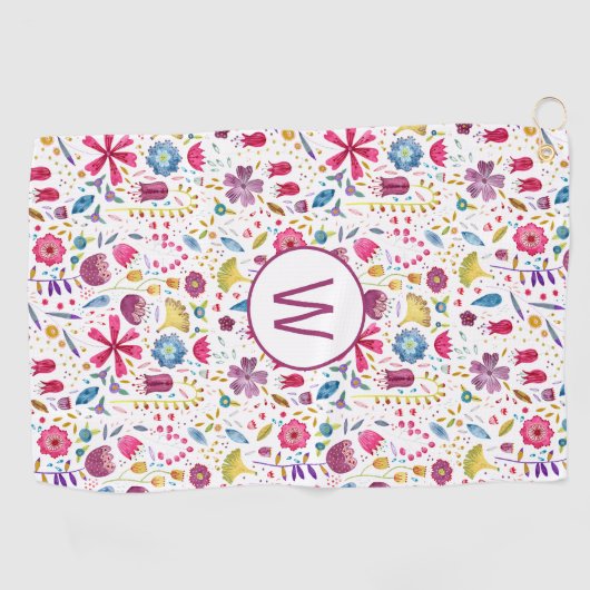 Serviette De Golf Monogramme floral d'aquarelle moderne (Horizontal)