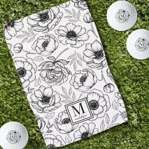 Serviette De Golf Monogramme Floral Noir et Blanc