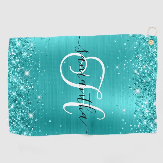 Serviette De Golf Monogramme glamme bleu turquoise (Horizontal)
