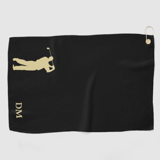 Serviette De Golf Monogramme Gold Golfer sur Black (Horizontal)