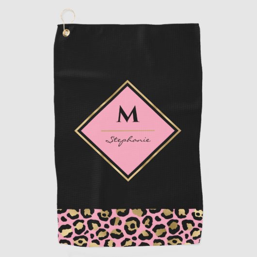 Serviette De Golf Monogramme Imprimé Léopard Rose & Or | Bloc de Cou (Devant)