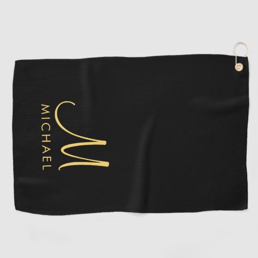 Serviette De Golf Monogramme initial manuscrit noir et or personnali (Horizontal)