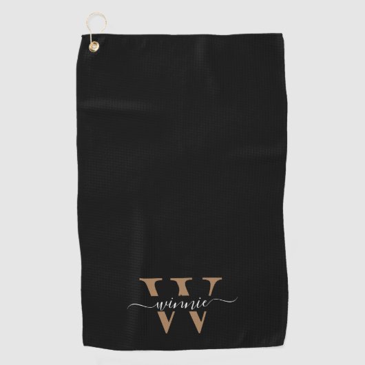Serviette De Golf Monogramme minimal Élégant Noir Nom du script (Devant)