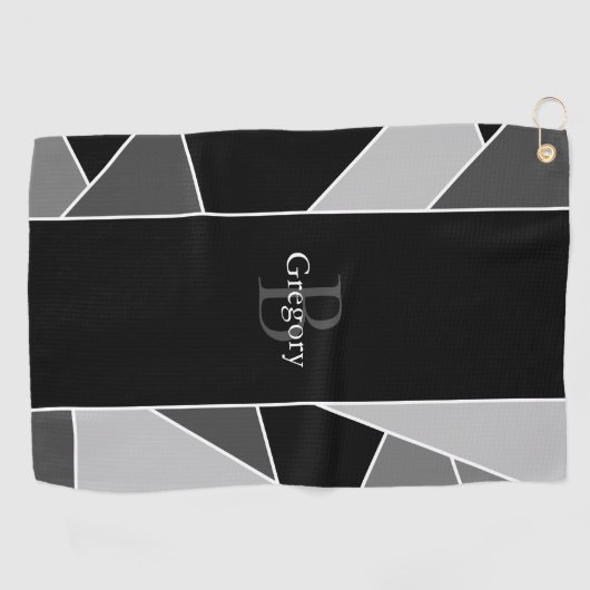 Serviette De Golf Monogramme Moderne Abstrait gris noir blanc (Horizontal)