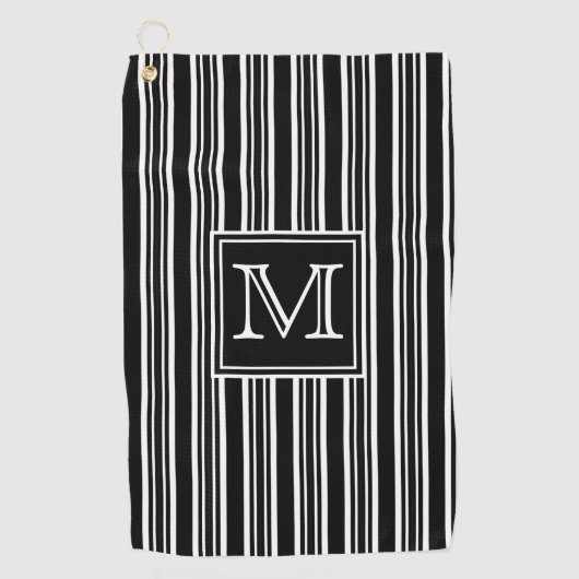 Serviette De Golf Monogramme | Moderne Elegant noir et blanc rayures (Devant)