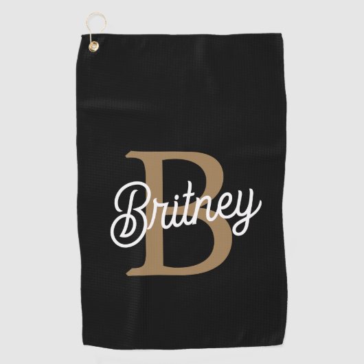 Serviette De Golf Monogramme moderne élégant Nom Black Gold Script (Devant)