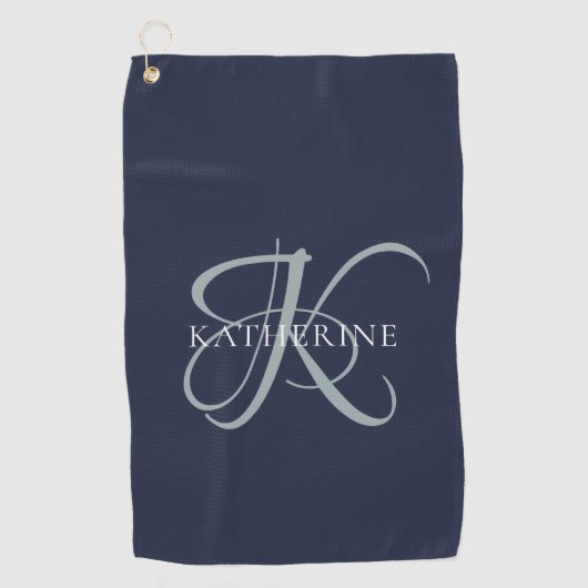 Serviette De Golf Monogramme moderne élégant Script Marine Bleu (Devant)