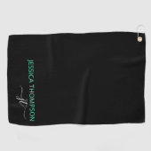 Serviette De Golf Monogramme moderne Turquoise noir customisé Nom (Horizontal)