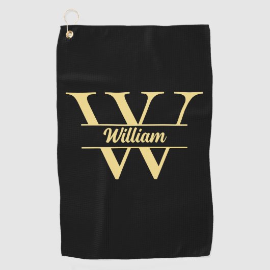 Serviette De Golf Monogramme noir et or | Écriture initiale élégante (Devant)