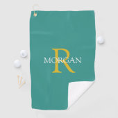 Serviette De Golf Monogramme & nom DIY, texte or et blanc, sarcelle (En situation)