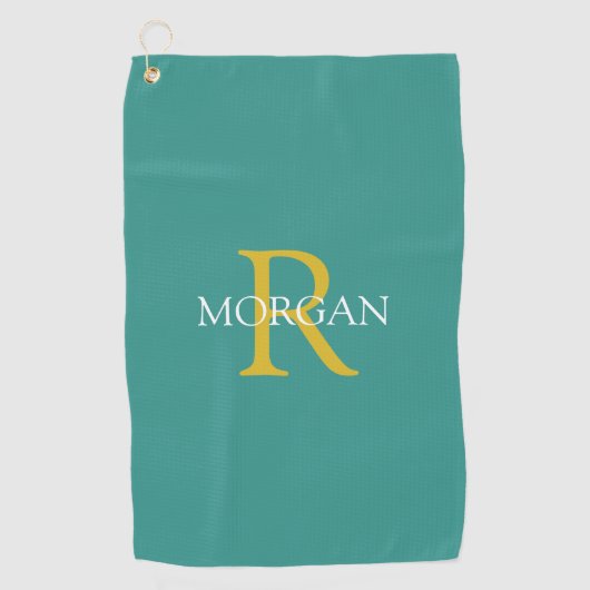 Serviette De Golf Monogramme & nom DIY, texte or et blanc, sarcelle (Devant)