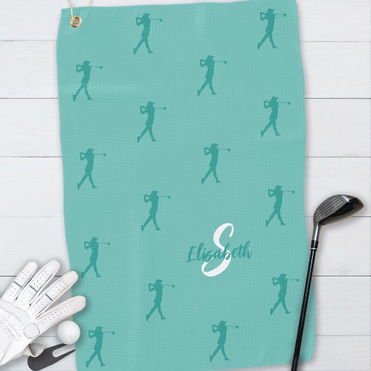 Serviette De Golf Monogramme Nom Golfeuse Silhouette Vert Sarcelle