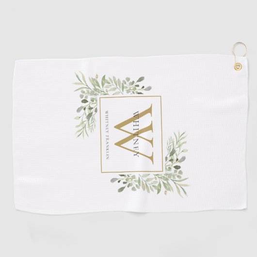 Serviette De Golf Monogramme Or Élégant Vert Moderne (Horizontal)