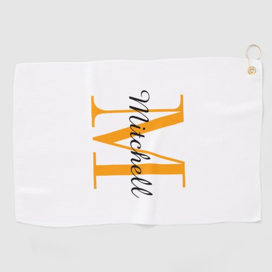 Serviette De Golf Monogramme orange initial et nom personnalisé (Horizontal)