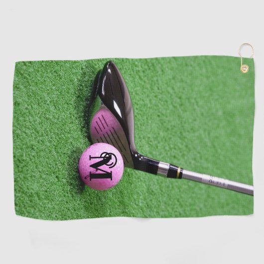 Serviette De Golf Monogramme personnalisé Fancy Script Pink Golf Bal (Horizontal)