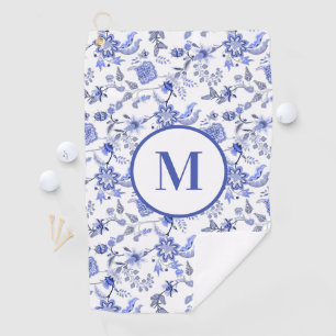 Serviette De Golf Monogramme personnalisé floral bleu antique blanc