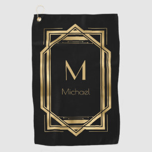 Serviette De Golf Monogramme personnalisé noir et or Géométrique