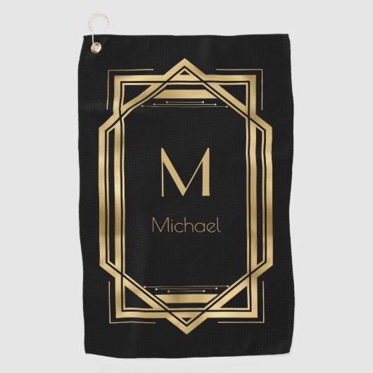 Serviette De Golf Monogramme personnalisé noir et or | Géométrique (Devant)