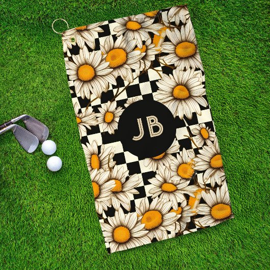 Serviette De Golf Monogramme Retro Super Daisy Checkerboard