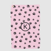 Serviette De Golf Monogramme rose avec Empreintes de pattes noirs (Devant)