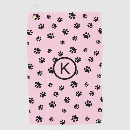 Serviette De Golf Monogramme rose avec Empreintes de pattes noirs (Devant)