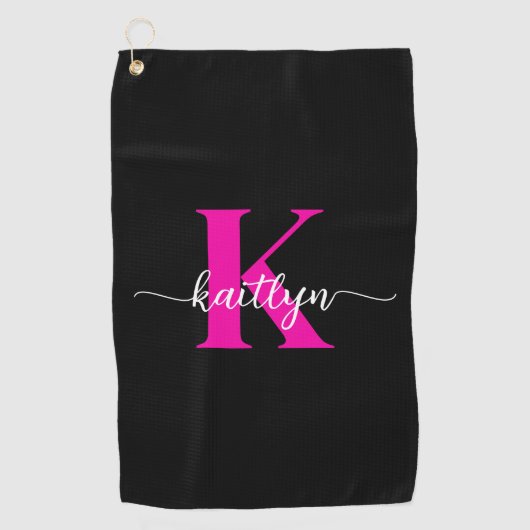 Serviette De Golf Monogramme Rose Chaude Noir (Devant)
