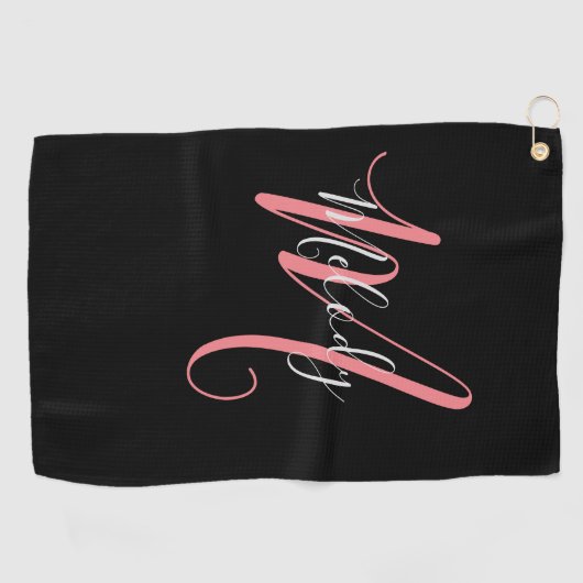 Serviette De Golf Monogramme rose golf avec script blanc en noir (Horizontal)