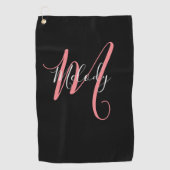 Serviette De Golf Monogramme rose golf avec script blanc en noir (Devant)