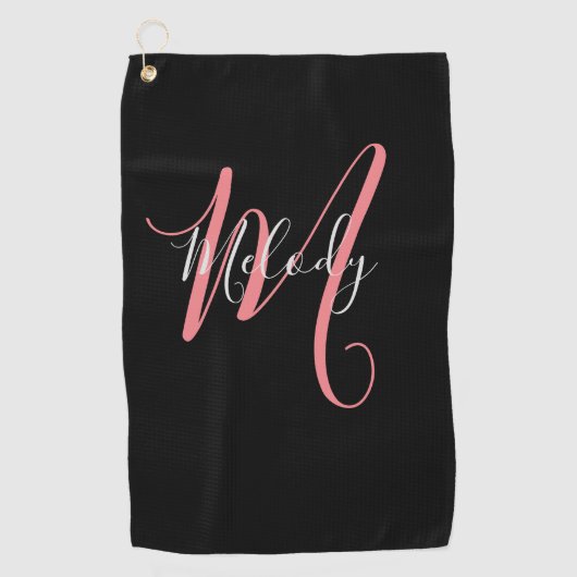 Serviette De Golf Monogramme rose golf avec script blanc en noir (Devant)