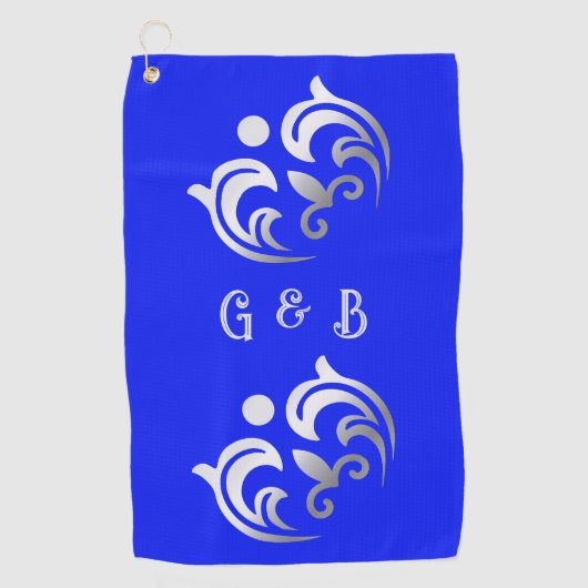Serviette De Golf Monogramme simple Argent sur bleu | (Devant)