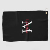 Serviette De Golf Monogramme simple moderne noir rouge (Horizontal)