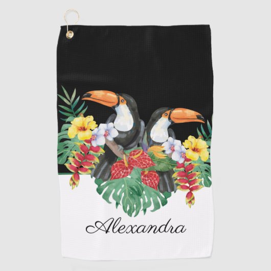 Serviette De Golf Monogramme tropical toucan noir et blanc Nom (Devant)