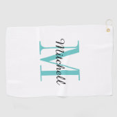 Serviette De Golf Monogramme Turquoise Initial et nom Personnalisé (Horizontal)