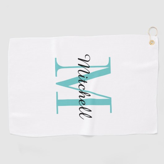 Serviette De Golf Monogramme Turquoise Initial et nom Personnalisé (Horizontal)