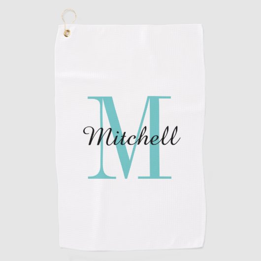 Serviette De Golf Monogramme Turquoise Initial et nom Personnalisé (Devant)